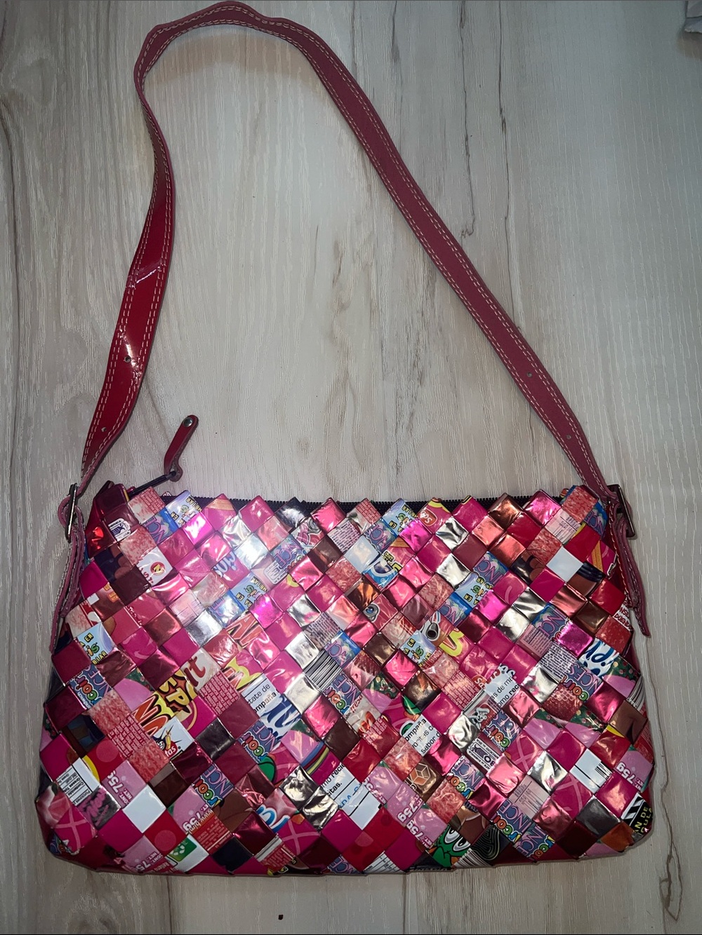 Recycled Style Pink Woven Shoulder Bag